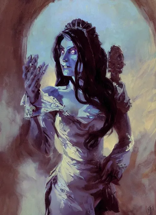 Prompt: a highly detailed beautiful portrait of an evil necromancer woman, fantasy, by gregory manchess, james gurney, james jean