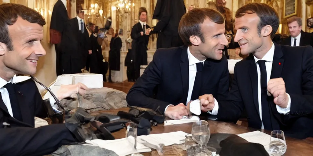 Prompt: Macron talking with Harry Potter