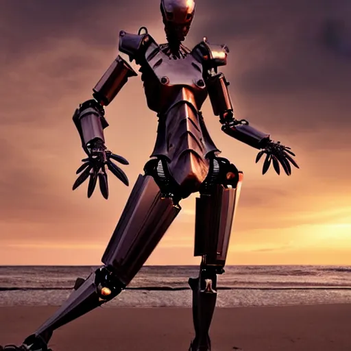 Image similar to cinematic body shot, realistic detailed stunning beautiful armored humanoid anthropomorphic female robot dragon, looking to the side with an elegant pose of hand on hip, smooth and streamlined armor and design made of steel, sharp claws and sharp teeth, high quality head, Slick LEDs, on the beach during sunset, high quality, cinematic art, sci fi, sunset lighting, 3D render, 8k, artstation, deviantart, furaffinity