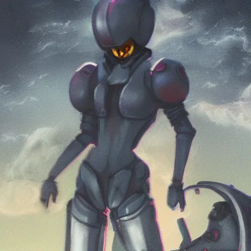 Image similar to young woman, riding a mech, in medieval town on fire, with blue ghost in the sky, light grey lighting in the sky, menacing clouds, rainy night