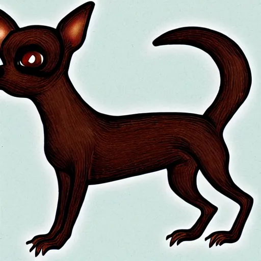 Image similar to a dark brown chihuahua, hyper detailed, in the style of junji ito, full body