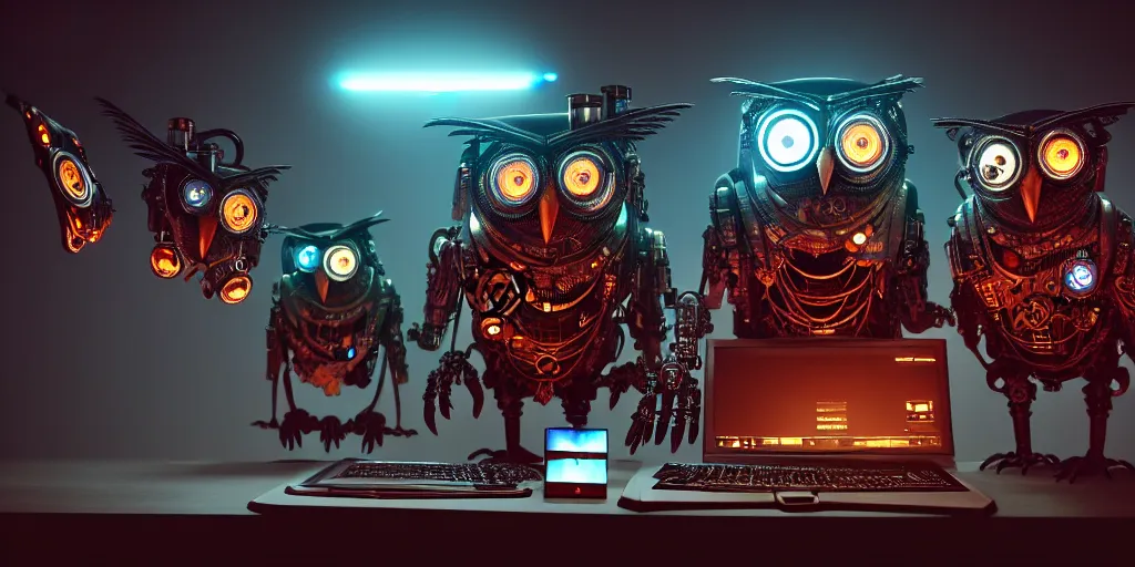 Image similar to an giant evil, malevolent, cyborg owls looking at a computer, surrounded by computer screens. steampunk. this 4 k hd image is trending on artstation, featured on behance, well - rendered, extra crisp, features intricate detail and the style of unreal engine. volumetric lighting octane render