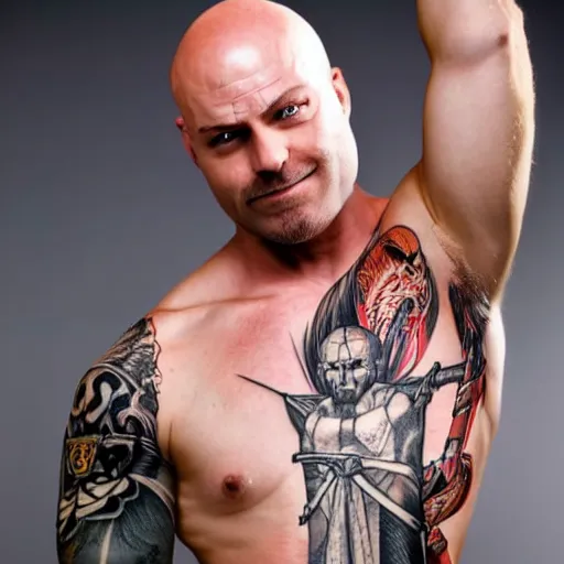 Image similar to muscular bald man, sword in hand, tattooed body, HD, anime,