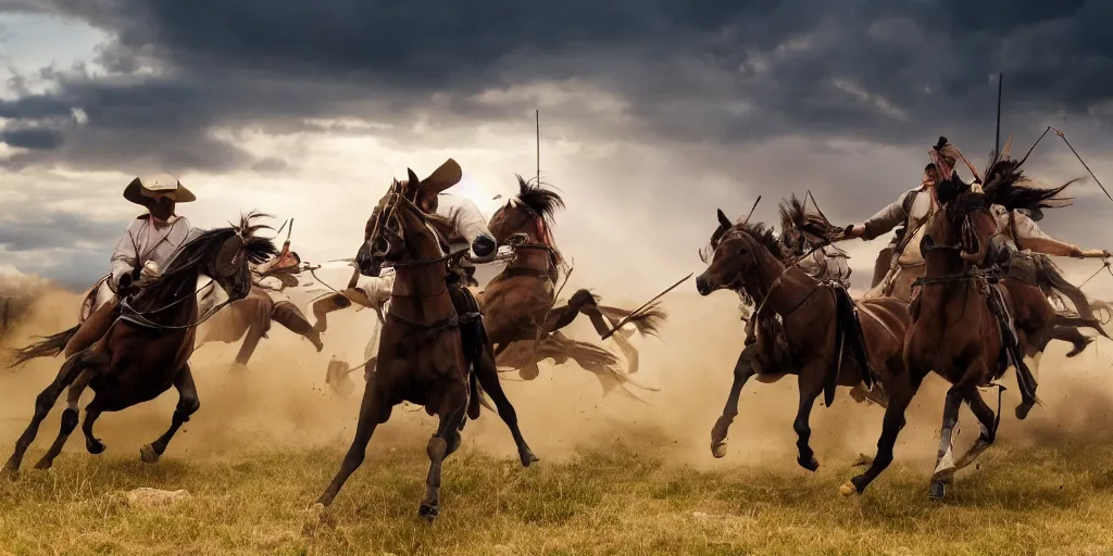 Image similar to promotional movie still of an action shot from the battle of little bighorn, majestic horses, desperate action, dramatic natural light, hdr, cinematic, extremely high detail, photorealistic, cinematic lighting, 4 k, 8 k, imax 7 0 mm, iso 4 0 0, hq