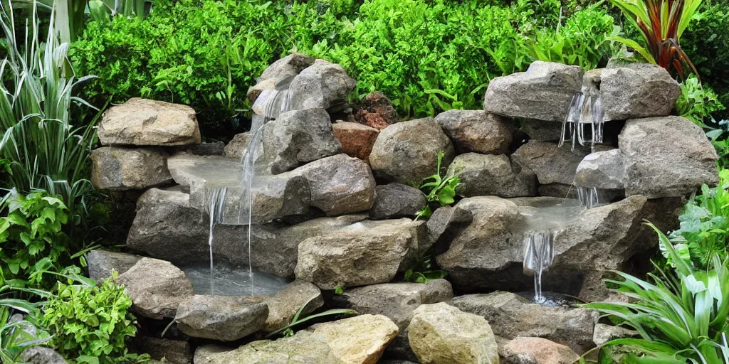 Prompt: award winning stone work waterfall fountain in a lush green backyard, photo