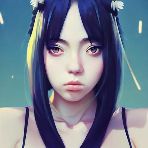 Image similar to a beautiful young japanese billie eilish kat dennings alluring instagram model in elaborate latex tank top, by guweiz and wlop and ilya kuvshinov and artgerm and makoto shinkai and studio ghibli, symmetrical eyes, aesthetic, gorgeous, stunning, alluring, attractive, artstation, deviantart, pinterest, digital art