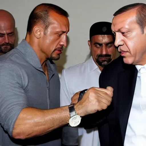 Prompt: The Rock and Recep Tayyip Erdogan fighting in a mosque