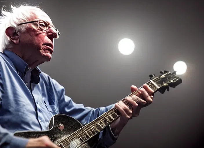 Image similar to publicity photo still of bernie sanders in a punk band playing live on stage, 8 k, live concert lighting, mid shot