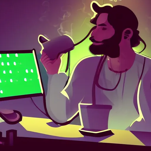 Image similar to portrait of a computer programmer coding while smoking marijuana through a bong digital art high quality artstation cinematic lighting