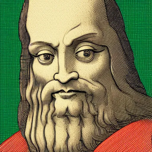 Image similar to portrait of leonardo da vinci in simple green background in the style of japanese cartoon and japanese wood print