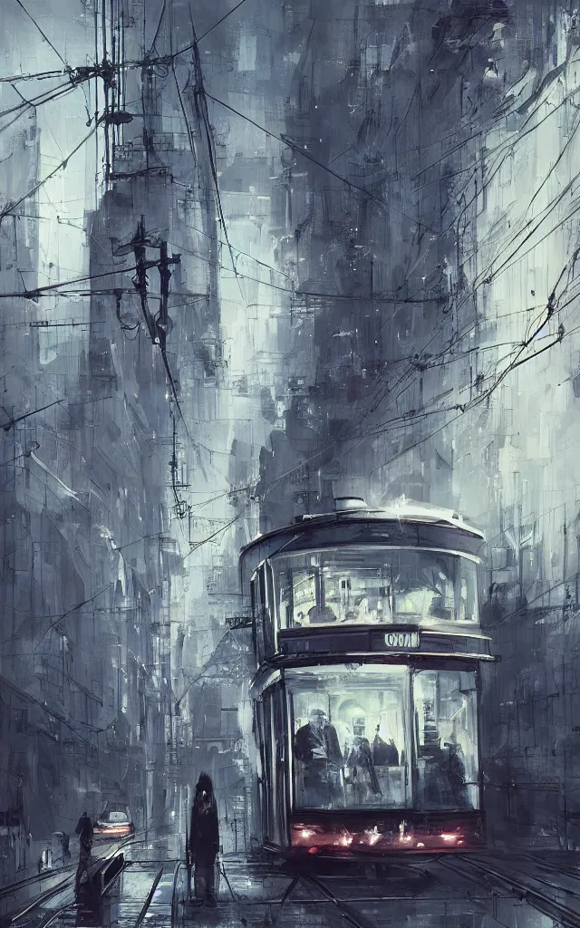 Image similar to city tram in the evening, by charlie bowater, by hazem taha hussein, by h. r. giger, by ismail inceoglu