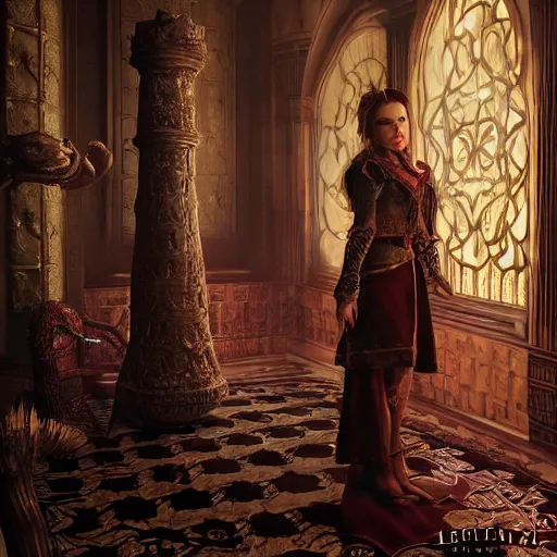 Image similar to the elder scrolls vi, charismatic regal brunette female jarl, portrait, throne room, atmospheric lighting, painted, intricate, volumetric lighting, beautiful, daytime, sunny weather, slight overcast, sharp focus, deep colours, ultra detailed, by leesha hannigan, ross tran, thierry doizon, kai carpenter, ignacio fernandez rios