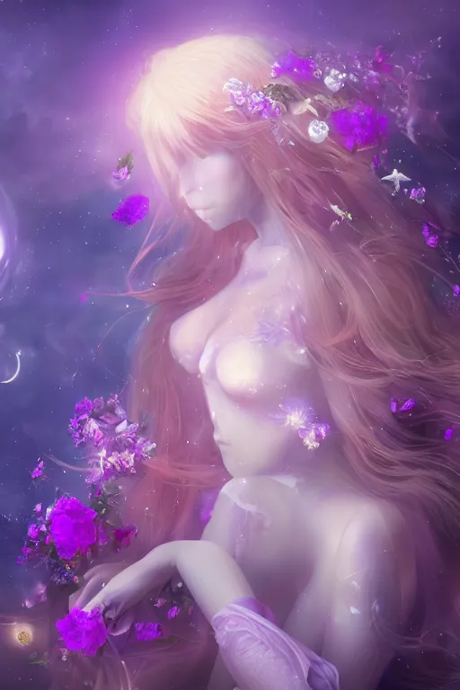Prompt: 4k detailed portrait of a beautiful intimate woman with long purple cosmic hair and a beautiful celestial dress made of flowers, by vexa. Anime, volumetric lighting, trending on artstation