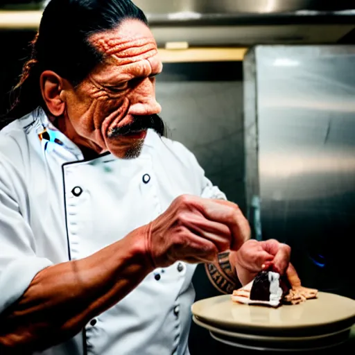Prompt: photo of danny trejo working as a pastry chef, 8 k, 5 2 mm f 1. 8