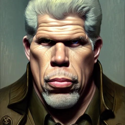 Prompt: full portrait of ron perlman as colonel wednesday bologna, fantasy, d & d, intricate, detailed, by by alphonse mucha, adolfo hohenstein, alice russell glenny, stanley artgerm lau, greg rutkowski, detailed, trending on artstation, trending on artstation, smooth