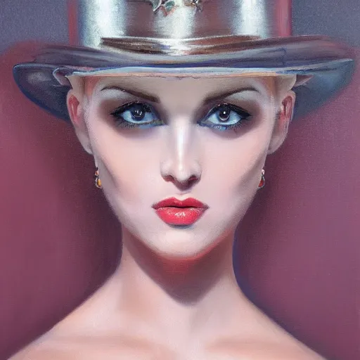 Image similar to a symmetrical portrait of a showgirl, oil painting, pale colors, high detail, 8 k, wide angle, trending on artstation,