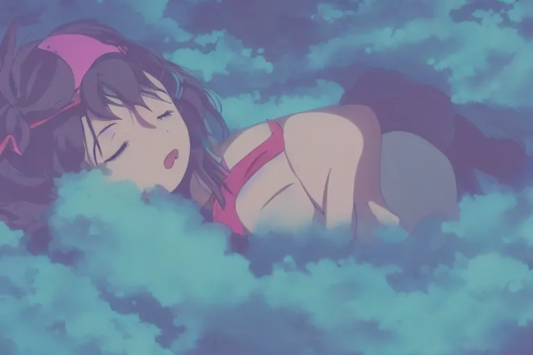 Image similar to a cute anime girl sleeping on a cloud, misty, glows, by studio ghibli, anime, hazy, foggy, ambient lighting, 8 k, neon, synthwave,