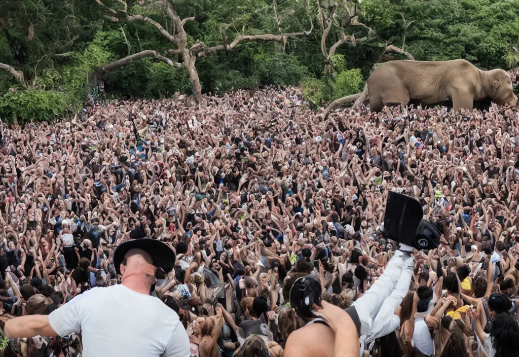 Image similar to a dj performing to a crowd of zoo animals
