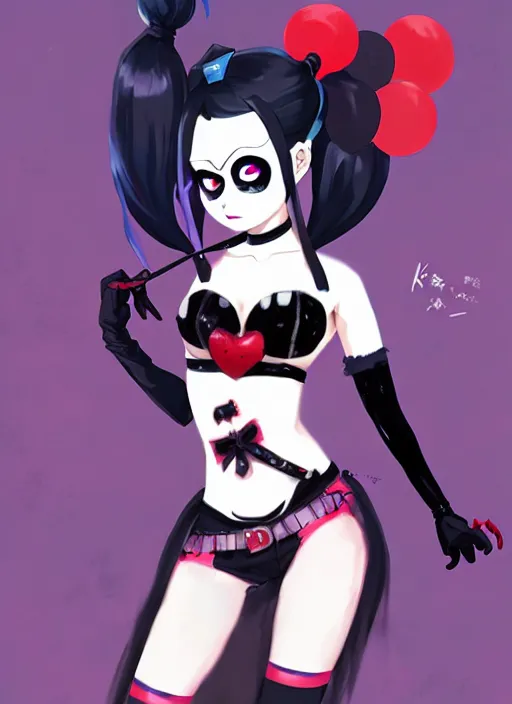 Image similar to portrait of cute goth harley quinn in latex clothes, illustration concept art anime key visual trending pixiv fanbox by wlop and greg rutkowski and makoto shinkai and studio ghibli