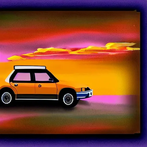 Prompt: a 1980s old taxi car floating above the clouds, sunset, digital painting,