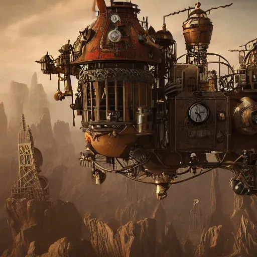 Image similar to flying steampunk fortress, extremely detailed, behrens style, unreal 5 render, fantasy digital art, octane render, beautiful composition, trending on artstation, award - winning photograph