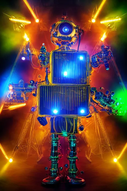 Image similar to portrait photo of a giant huge golden and blue metal humanoid steampunk robot guitar player with multicolored big gears and tubes, a red electric guitar, eyes are glowing red lightbulbs, shiny crisp finish, 3 d render, 8 k, insaneley detailed, fluorescent colors, background is multicolored lasershow