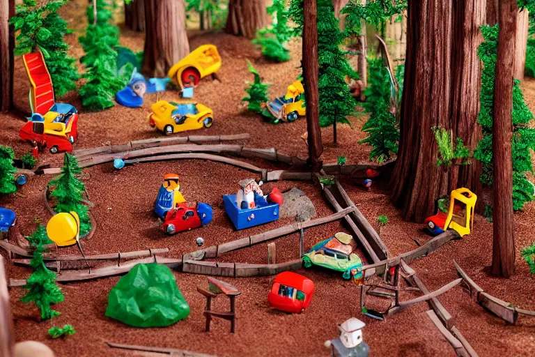 Image similar to fisher price redwood forest, california scene from tv show hyper detailed 5 5 mm 8 5 mm, toy photography