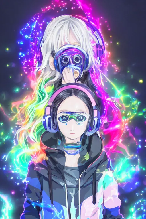 Image similar to portrait of an 3d anime character with cute sparkly eyes wearing a psychedelic holographic hoodie and headphones, long hair with pastel colors, wearing a cute face gas mask in the style of code vein by Kurumi Kobayashi Koichi Itakura, 3d anime, octane render, dynamic dramatic lighting, with glitch and chromatic abbreviations, artstation, cgsociety, imaginefx, by anime concept artist, rendered in unreal engine, by WENJR, WLOP, artgerm