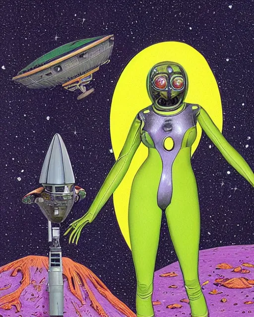 Prompt: pulp illustration by Laurie Lipton, of beautiful voluptuous lady alien extraterrestrial with iridescent faceted bug eyes, standing in front of a crashed spacecraft, yellow feathered antennae coming out of her head, dark green and yellow mottled skin, sexy skintight pink and silver spacesuit, standing in front of a spacecraft near a lake, scifi, futuristic, realistic, hyperdetailed, chiaroscuro, concept art, art by gil elvgren, by Robert McGinnis