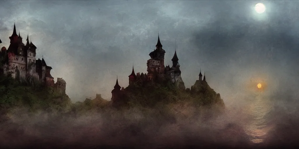 abandoned dracula castle submerged in misty water | Stable Diffusion |  OpenArt