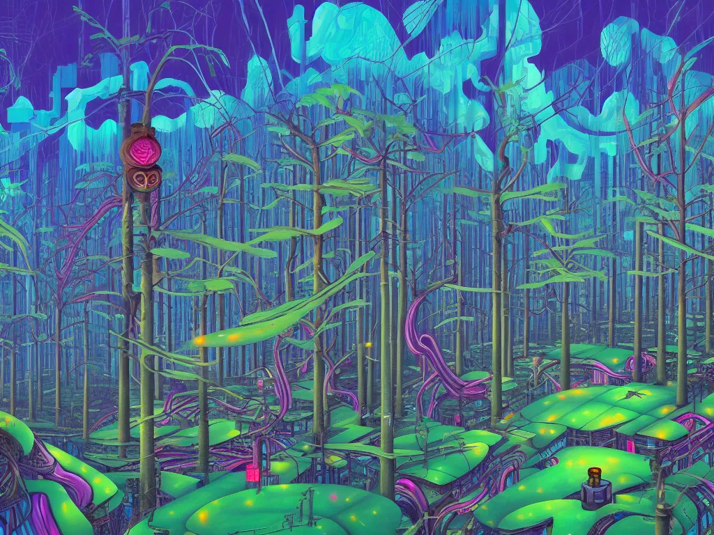 Prompt: forests and glades made of industrial raves on buildings on ice devices on mice in the style of lisa frank and moebius and giger and kubrick, ornate, beautiful, award-winning art, artstation
