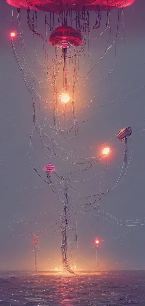 Prompt: robotic jellyfish starship with long tendrils, lots of hanging cables and wires, messy cords, over ocean on fire, sci - fi concept art, by john harris, by simon stalenhag, stunning, award winning