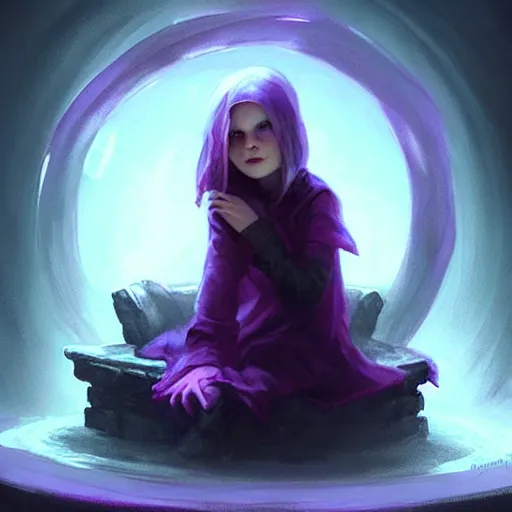 Prompt: young creepy girl sitting inside circle of dark !!!dark purple fire!!!, painted by raymond swanland, little nightmares, detailed,