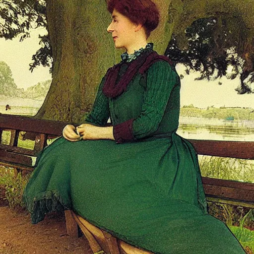 Image similar to an edwardian woman wearing a green dress sits on a bench by a pond in the moonlight, in the style of Carl Larsson