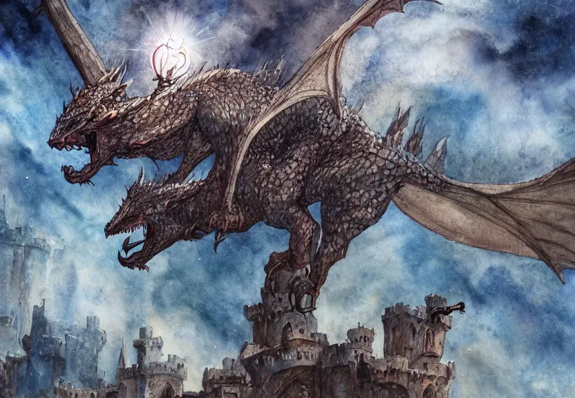 Prompt: dragon possum flying over a medieval castle under a dark starred sky, dark fantasy, watercolor, dreaming illusion, highly detailed, 4k, trending on Artstation, award-winning