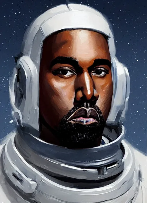 Image similar to painted full body portrait of kanye west as a magicpunk futuristic medieval astronaut by greg rutkowski, he is about 3 0 years old, short blond hair, athletic and strong, straight jaw, wearing futuristic space gear, highly detailed portrait, digital painting, artstation, concept art, smooth, sharp foccus ilustration, artstation hq.