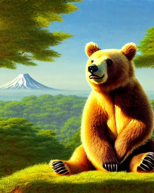 Image similar to a bear rabbit hybrid, sitting in tokyo, unique, sunny day, highly detailed, masterpiece, award winning, realistic, art by thomas cole and studio ghibli