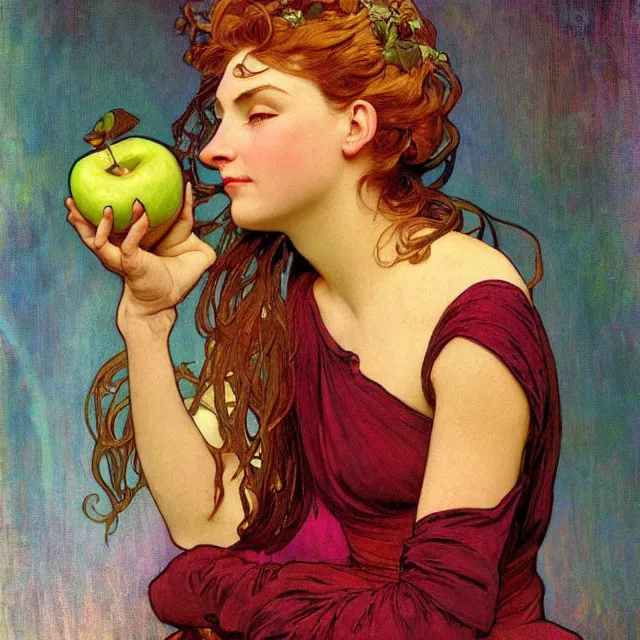 Image similar to an aesthetic! detailed close - up portrait of an aesthetic woman crying mournfully while holding an apple, by frank frazetta and alphonse mucha, oil on canvas, bright colors, art nouveau, epic composition, dungeons and dragons fantasy art, hd, god - rays, ray - tracing, crisp contour - lines, huhd - 8 k