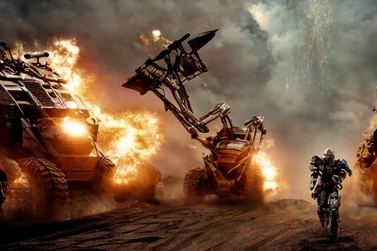 Prompt: epic sandstorm battle, Action, movie pacific rim, in the Movie transformers, in the Movie Mad Max: Fury Road (2015)