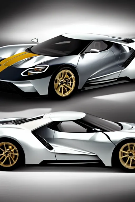 Image similar to ford gt 9 0 concept car painted in white pearl with gold rims