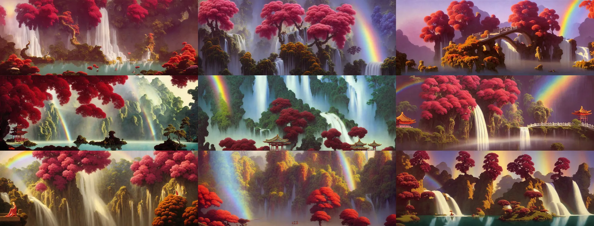 Prompt: a gorgeous painting by barlowe wayne, maxfield parrish and marco mazzoni. xanadu chinese temple on a platform that extends over a great waterfall, a huge tallest magnificent peach blossom tree glowing, maroon leaves, bridge, 3 d, octane render, lotus flower lake, waterfall. fog, just one rainbow. 8 k.