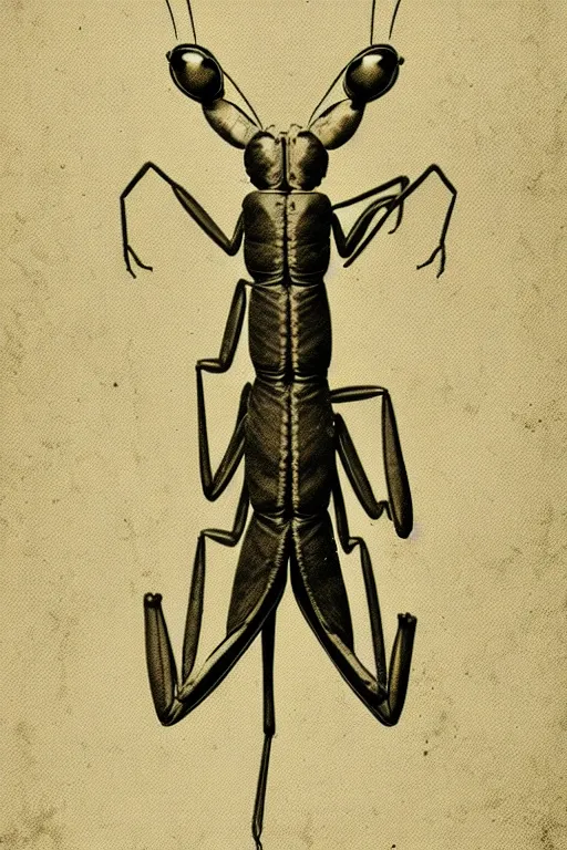 Image similar to anthropomorphic praying mantis, wearing a suit, vintage photograph, sepia