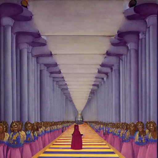 Image similar to a procession of women in a giant metaphysical temple, hyperrealistic film still by gottfried helnwein, by klimt, by paolo uccello, art nouveau, highly detailed, lights by edward hopper, liminal, eerie, metaphysical, bright pastel colors,