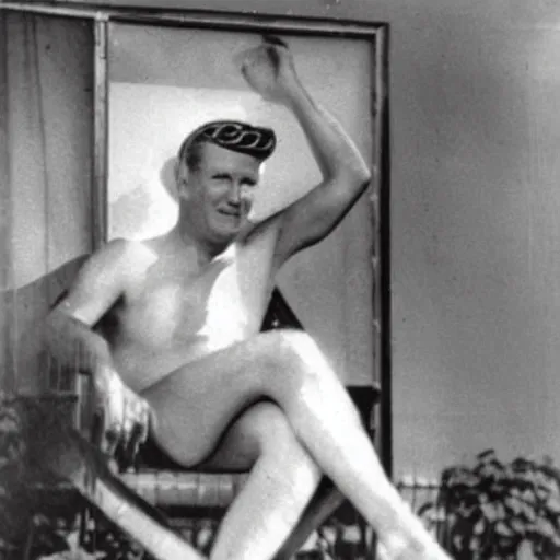 Prompt: donald trump wearing an old fashion bathing suit swimsuit, 1 9 2 0 s