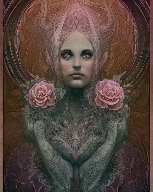 Prompt: centered beautiful detailed front view portrait of a woman with ornate growing around, ornamentation, flowers, elegant, beautifully soft lit, by wayne barlowe, peter mohrbacher, kelly mckernan,