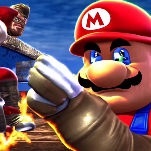 Prompt: Duke Nukem fighting Mario in the video game Super Smash Brothers