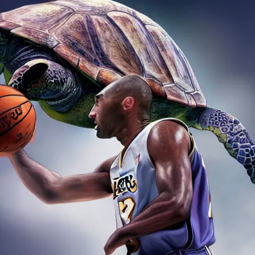 Prompt: kobe bryant kissing a giant turtle in heaven, hyper realistic, side view, digital art, amazing detail, artstatiom, cgsociety, epic art