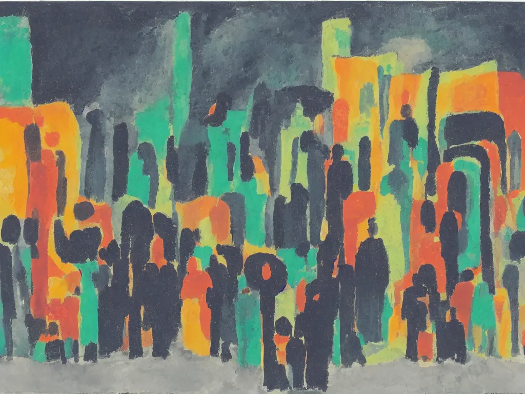 Prompt: few people waiting in a bus stop in dark city night, artwork by etel adnan