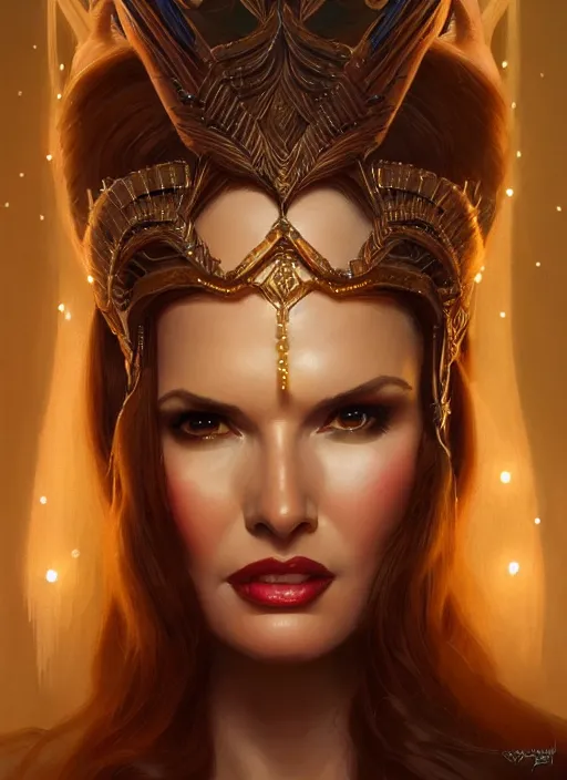 Prompt: geena davis as hera, intricate, elegant, glowing lights, highly detailed, digital painting, artstation, glamor pose, concept art, smooth, sharp focus, illustration, art by artgerm and greg rutkowski, artey freytag