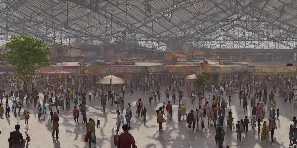 Image similar to establishing shot, interior of an india railway station, bustling with people, sharp focus, unreal engine, octane render, aesthetic